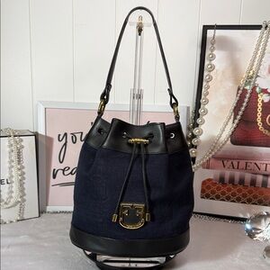 Furla Stacy Mini Bucket Bag Navy Canvas & Black Leather Crossbody EUC